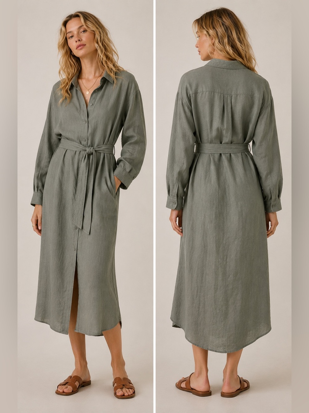 🌿 H&M Linen Blend Sage Green Shirt Dress – Size XL NWT
